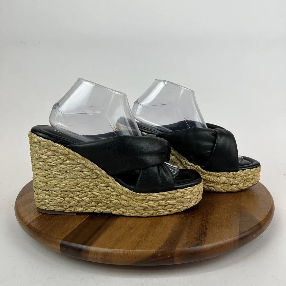 Womens Marc Fisher LTD Navina Slip On Black‎ Leather Espadrille Wedges Size 11 M